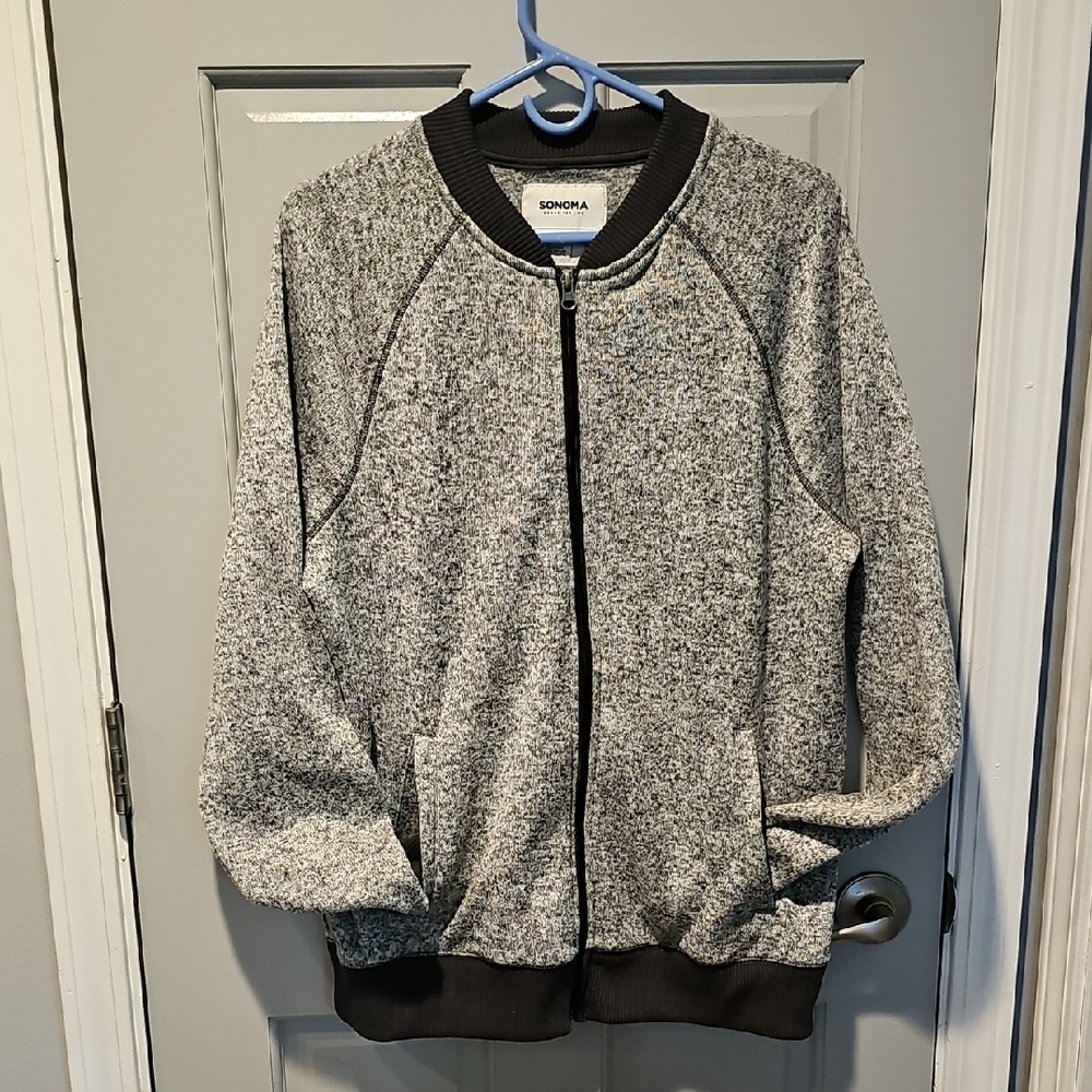 Sonoma Heathered Gray black White Zipper Jacket Large Sweatshirt Coat